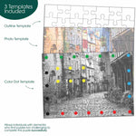 An infographic showing the 3 included templates in the Keeping Busy Town in Color Jigsaw Puzzle for Seniors.