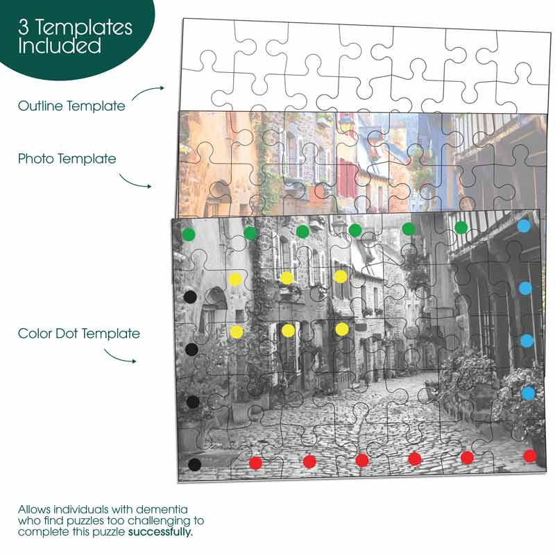 An infographic showing the 3 included templates in the Keeping Busy Town in Color Jigsaw Puzzle for Seniors.