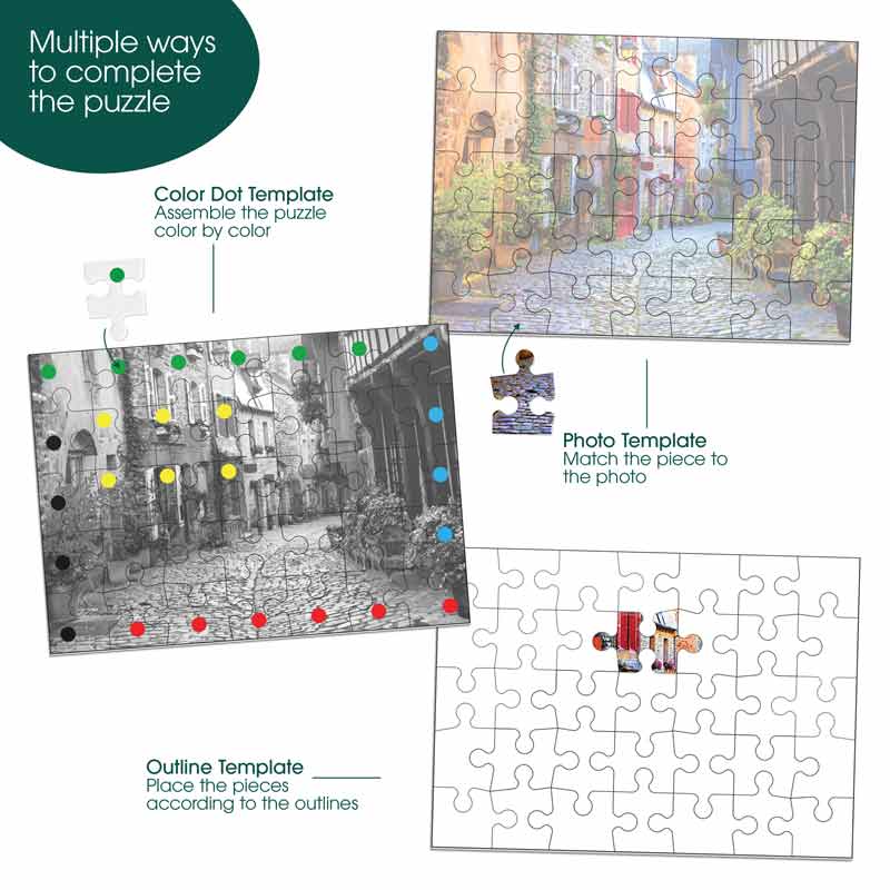 An infographic showing the multiple ways to complete the Keeping Busy Town in Color Jigsaw Puzzle for Seniors.