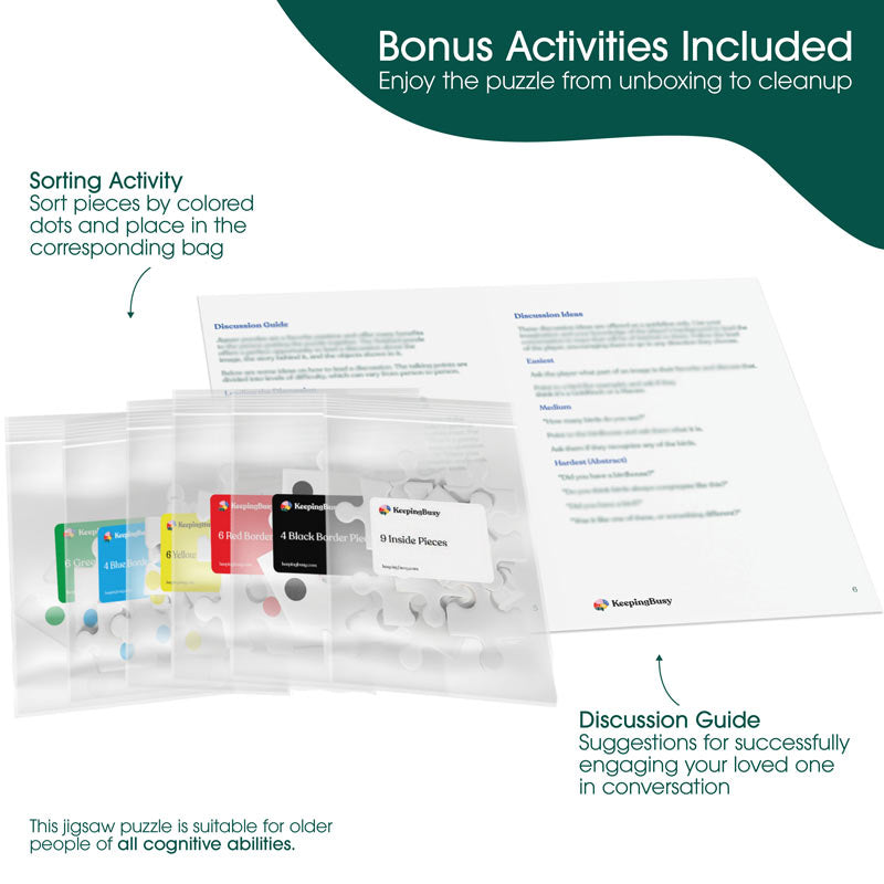 A look at the bonus activities included in the Keeping Busy Town in Color Jigsaw Puzzle for Seniors.