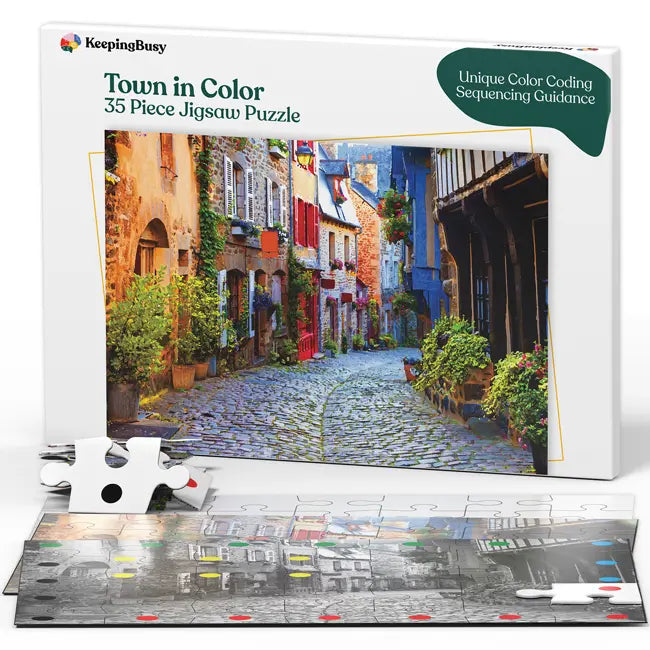 The product box for the Keeping Busy Town in Color 35-Piece Jigsaw Puzzle for Seniors.