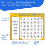 An infographic showing the easy access features for the Word Search Puzzles for Seniors.