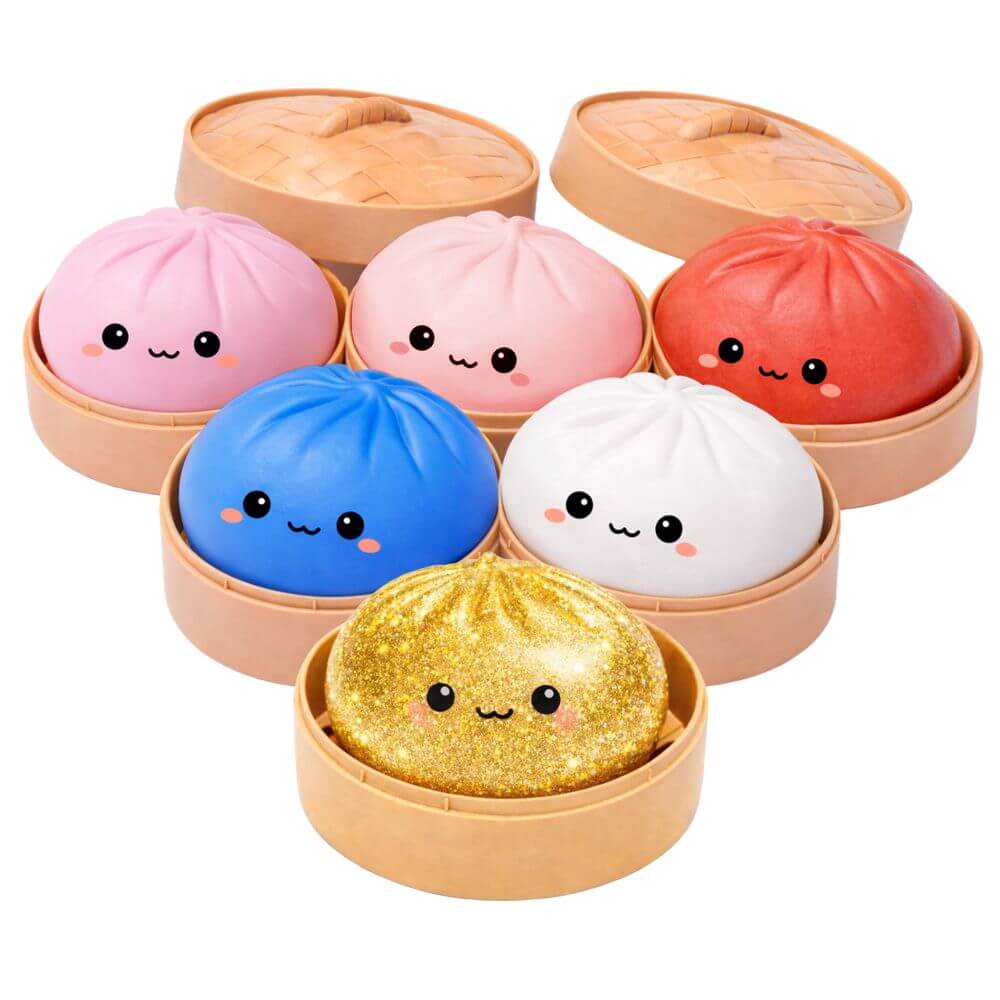 The many colorful variants of the  Lucky Bao Mystery Squishy Dumpling.