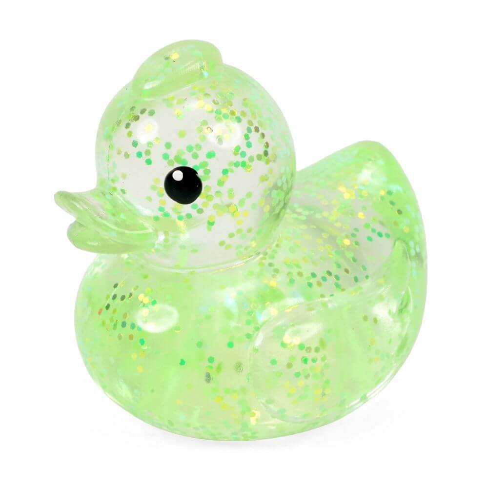 A green glitter Stretchy Glow Duck.