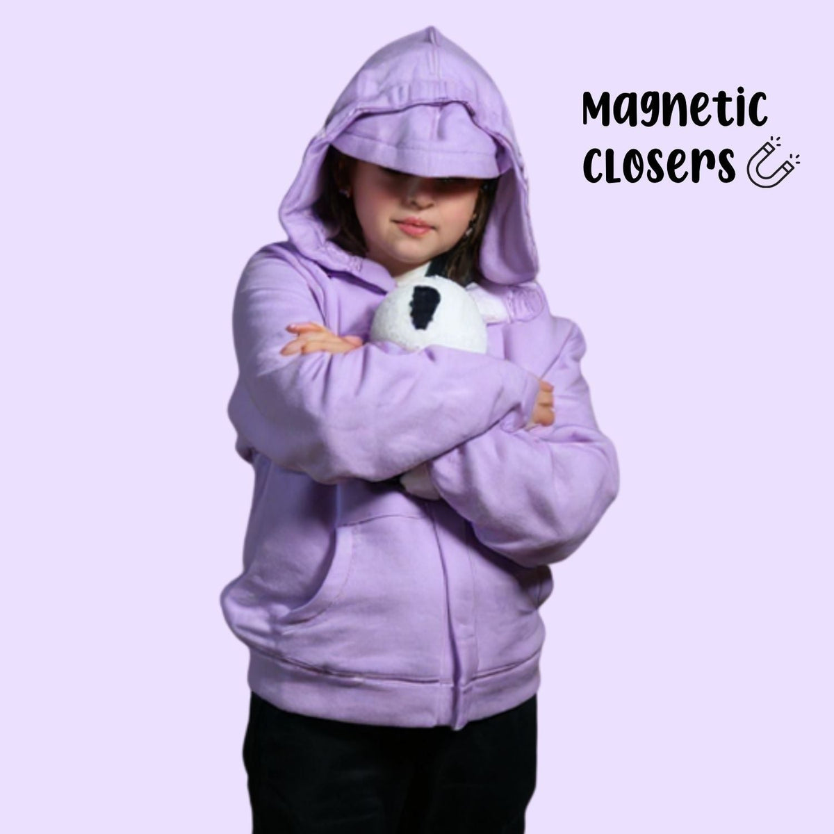 A child holds a stuffie with the hood up on the Kids QuietSense™ Sound Reducing Sensory Hoodie in Lilac.