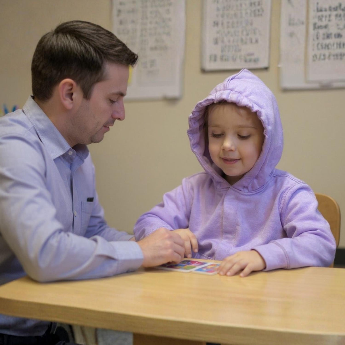 An adult does an activity with a child wearing the Lilac Kids QuietSense™ Sound Reducing Sensory Hoodie.