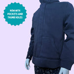 AN infographic demonstrating the pockets and thumbholes on the Kids QuietSense™ Sound Reducing Sensory Hoodie.