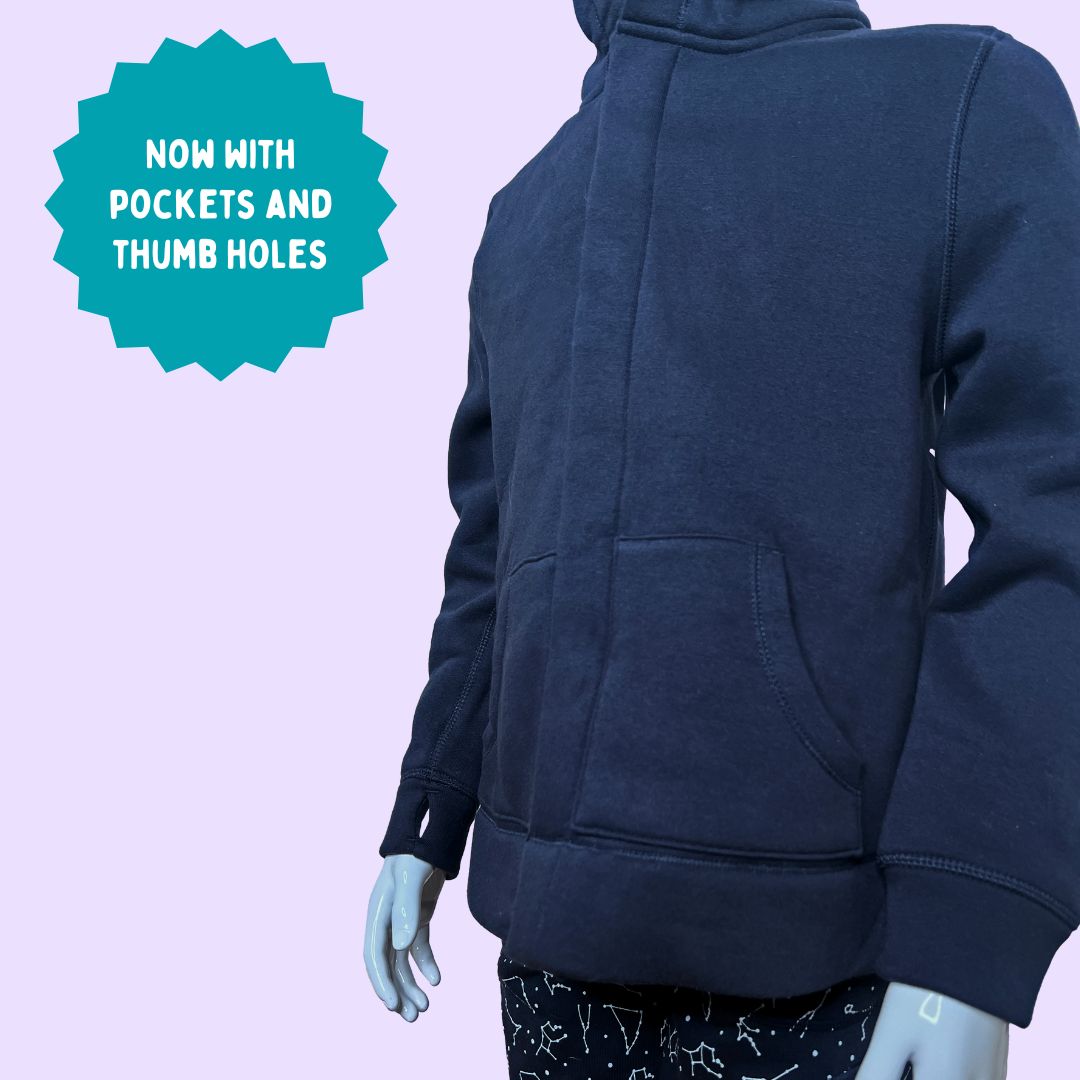 AN infographic demonstrating the pockets and thumbholes on the Kids QuietSense™ Sound Reducing Sensory Hoodie.