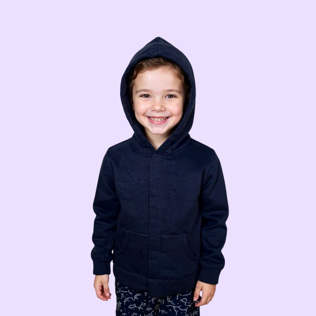 A child smiles with the hood up on their Kids QuietSense™ Sound Reducing Sensory Hoodie in Navy.