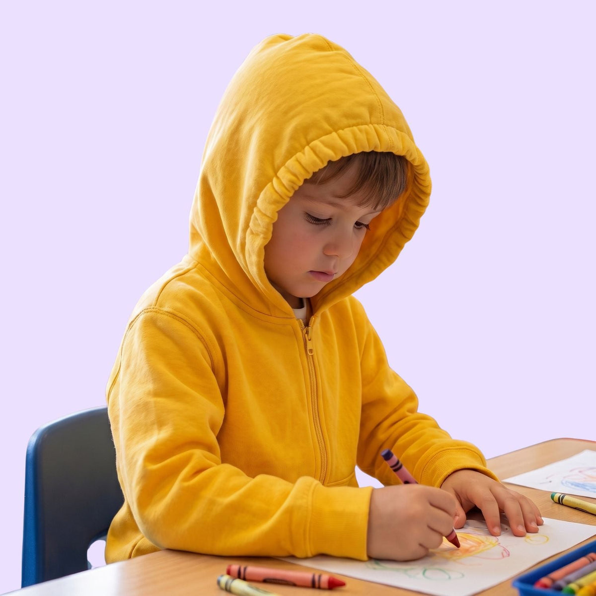 A child colors with their Kids QuietSense™ Zippered Sound Reducing Sensory Hoodie in Yellow up. 