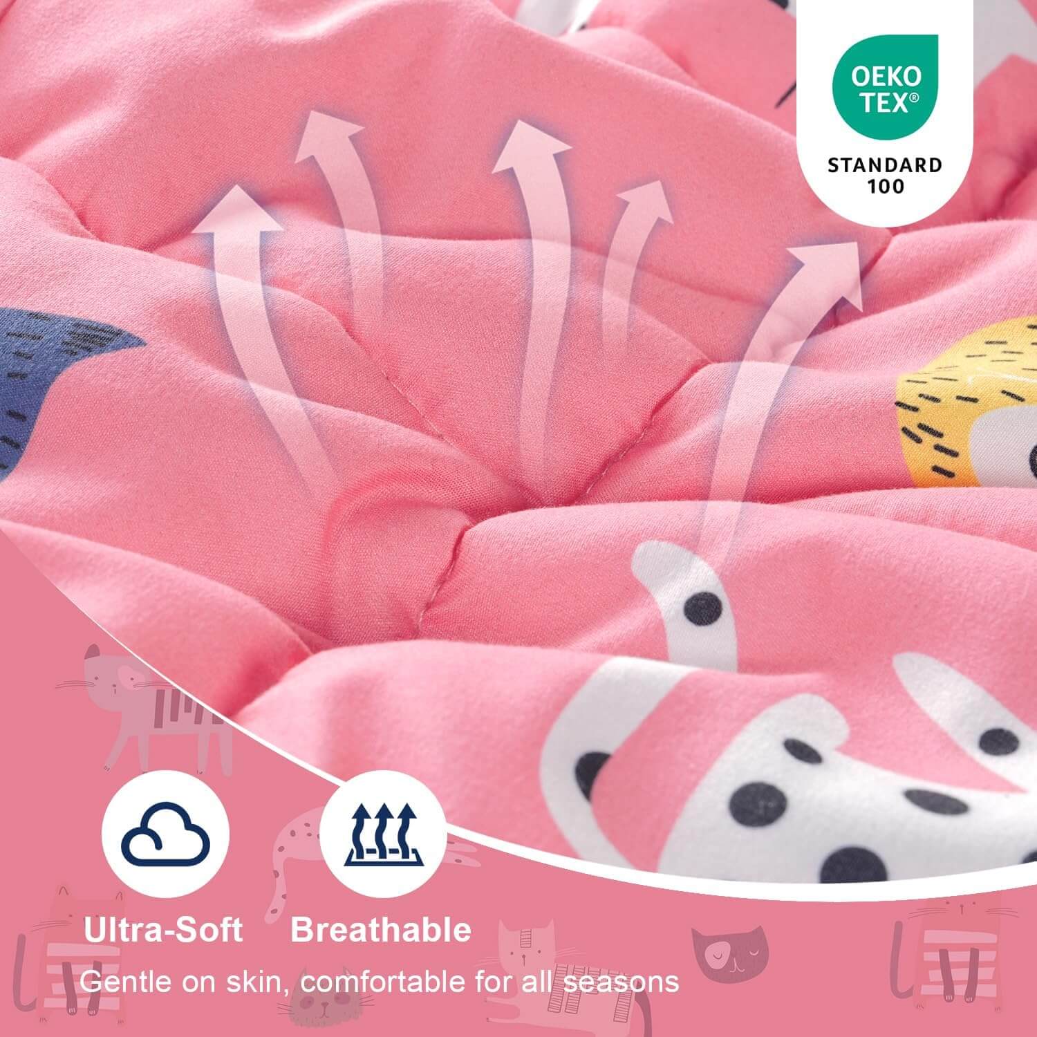 An infographic demonstrating the ultra-soft and breathable quality of the Kitties Weighted Cooling Lap Pad 2 lb.