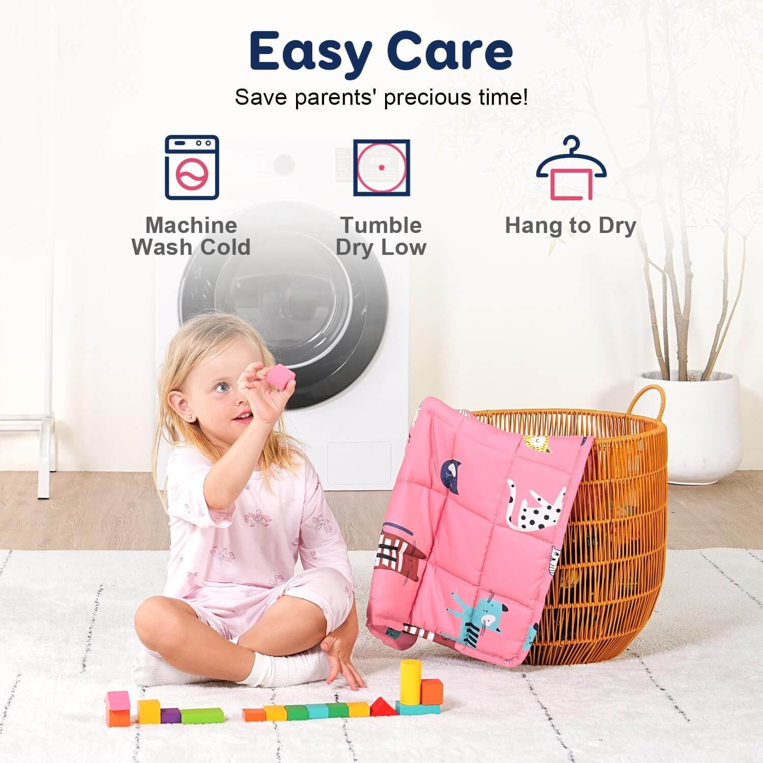An infographic advertising the easy care of the Kitties Weighted Cooling Lap Pad 2 lb.