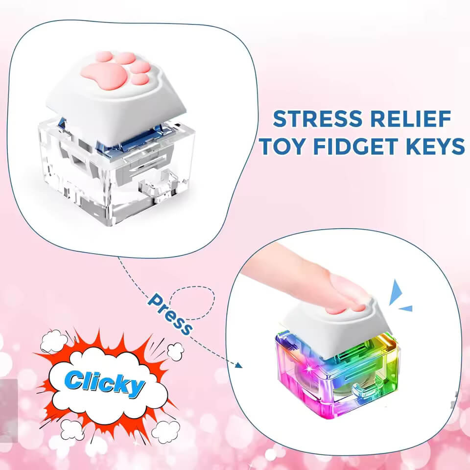 An infographic demonstrating the stress relief aspect of the Kitty Paw LED Keyboard Clicker Keychain.
