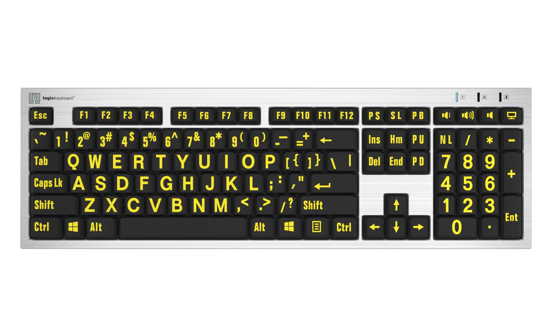 Large Print - Yellow on Black - Silver Slimline Keyboard - Windows.