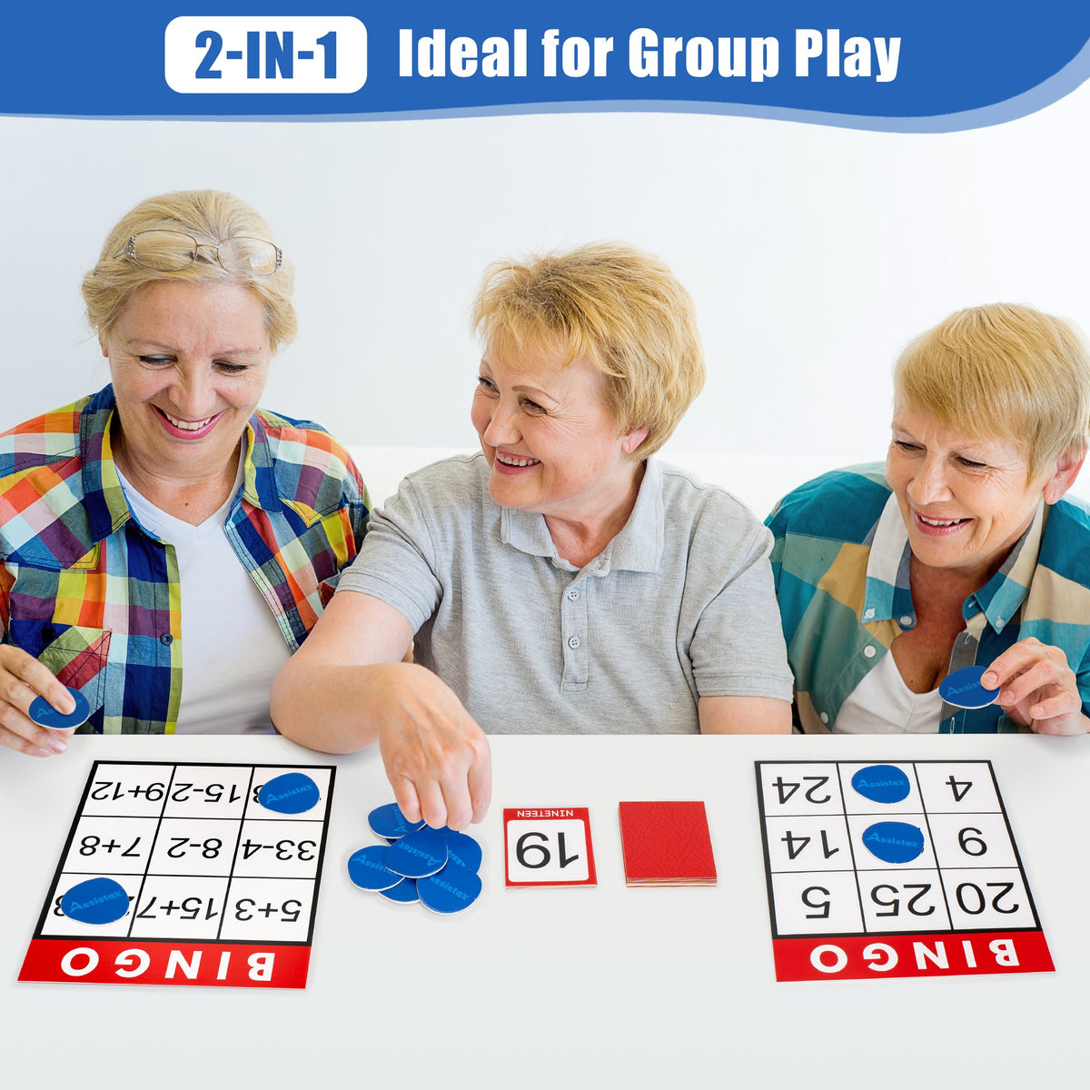 Three older women play Large Text Bingo for Seniors.