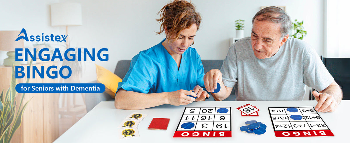An older gentleman and a nurse assess two separate bingo cards.