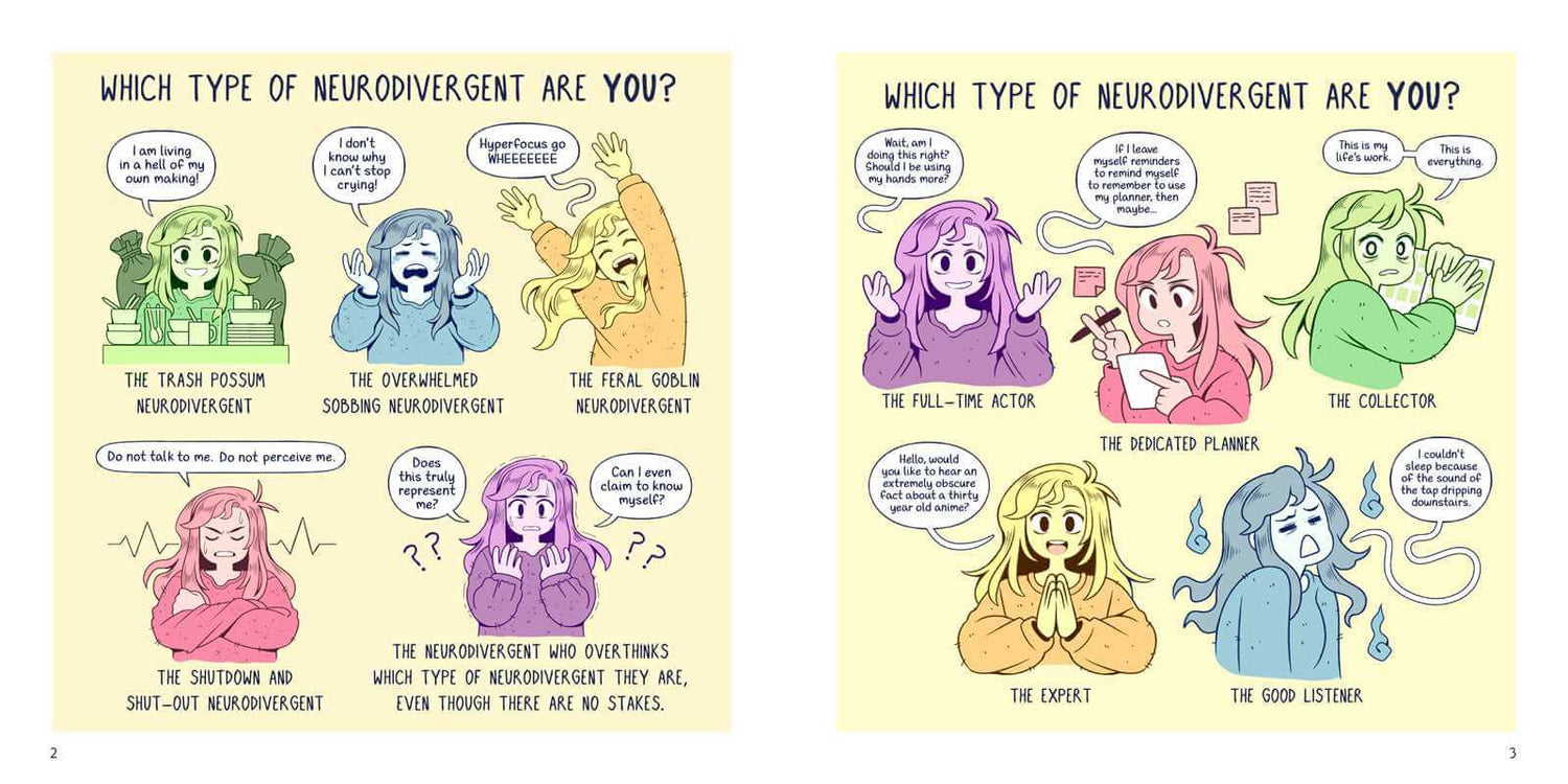 Two yellow panels of comics that ask: Which Type of Neurodivergent Are You?