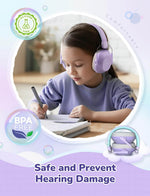 A child wears the Lavender iCloud Noise Reducing Earmuffs inc lass.