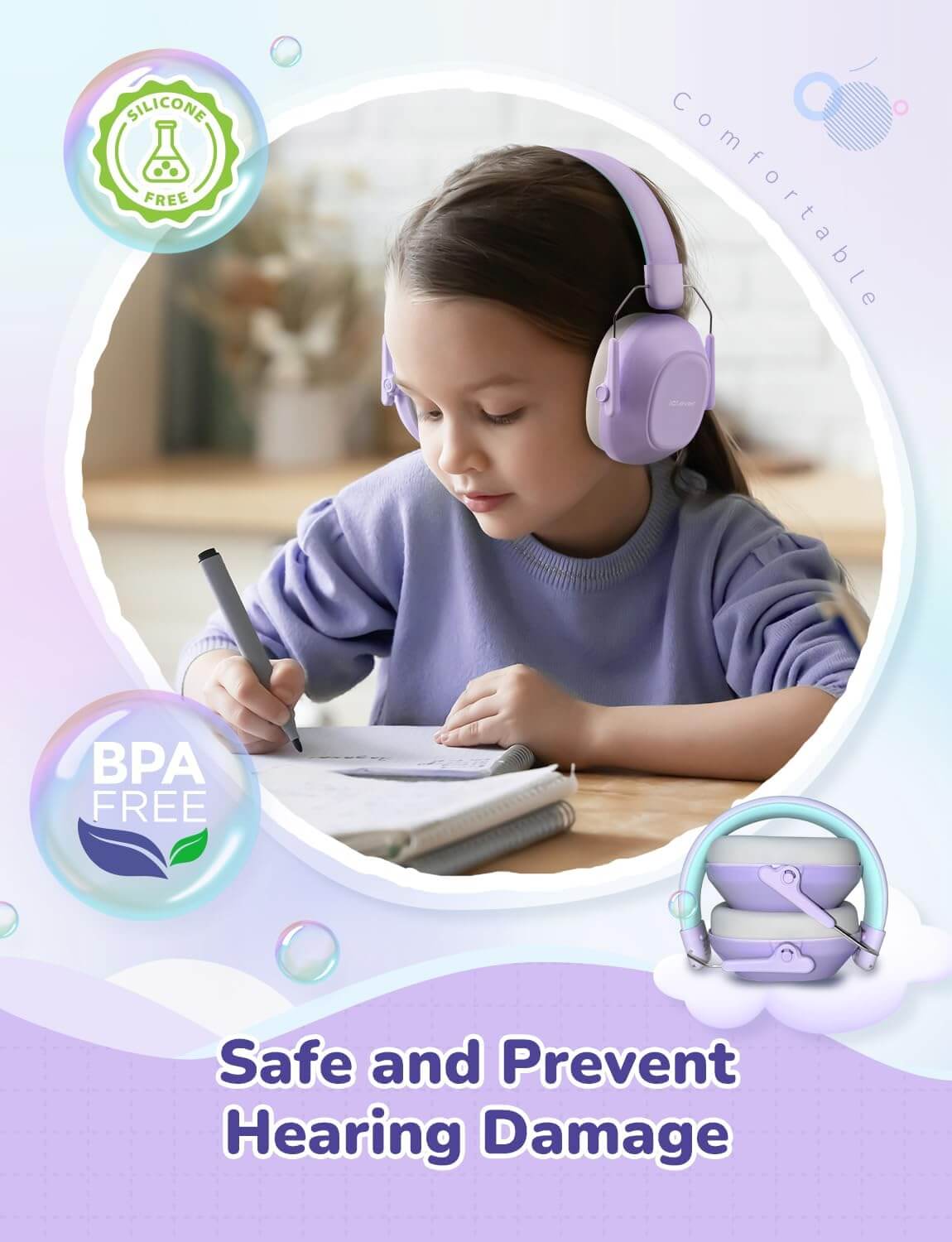 A child wears the Lavender iCloud Noise Reducing Earmuffs inc lass.