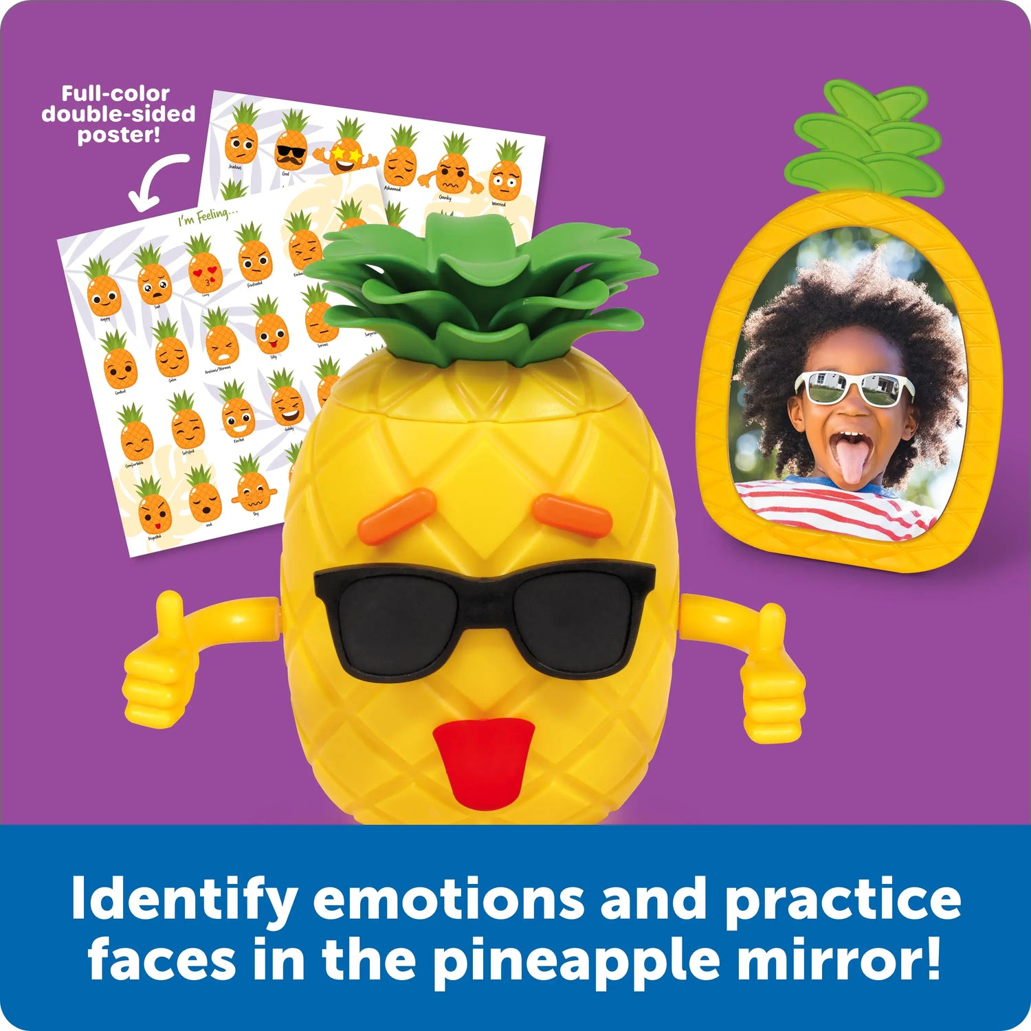 The Big Feelings Pineapple wearing sunglasses with its tongue sticking out in front of the pineapple mirror and the full-color double-sided poster.