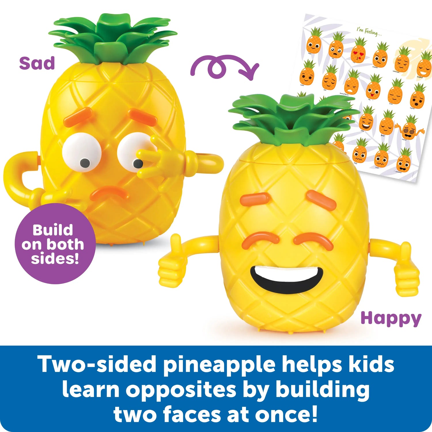 An infographic demonstrating the double sided quality of the Big Feelings Pineapple Deluxe Set.