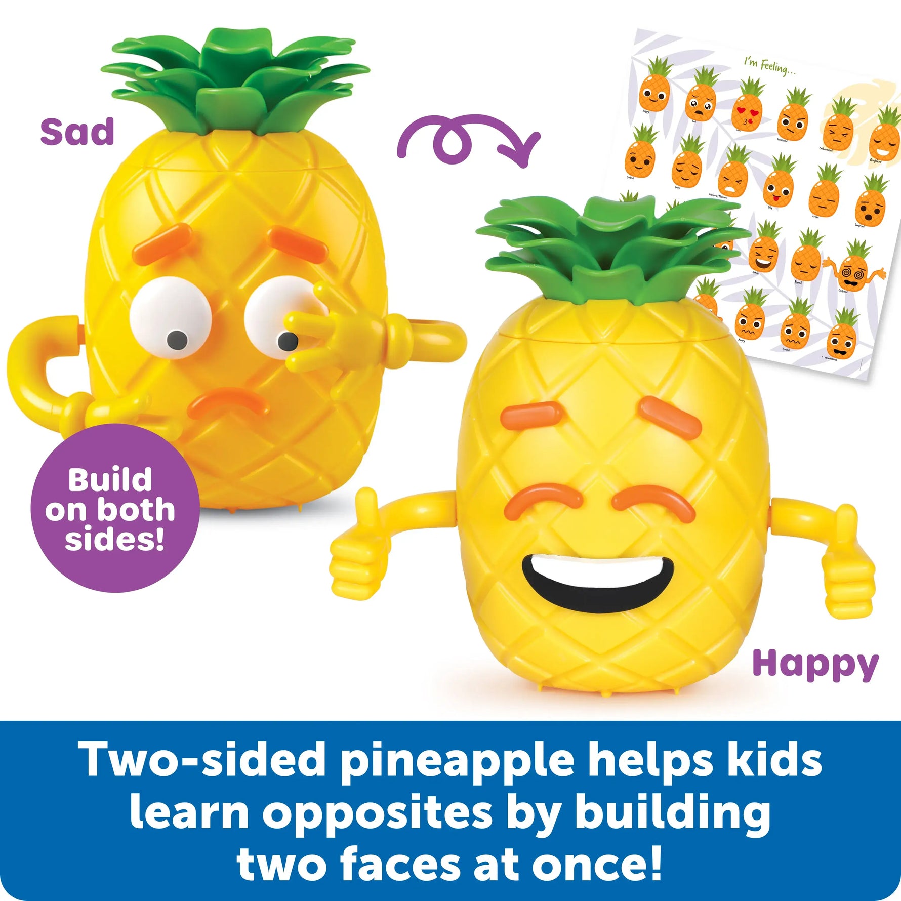 An infographic demonstrating the double sided quality of the Big Feelings Pineapple Deluxe Set.