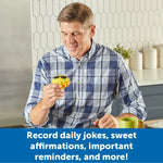 A father holds the Sun Recordable Message Maker Button and the text reads: Record daily jokes, sweet affirmations, important reminders, and more!