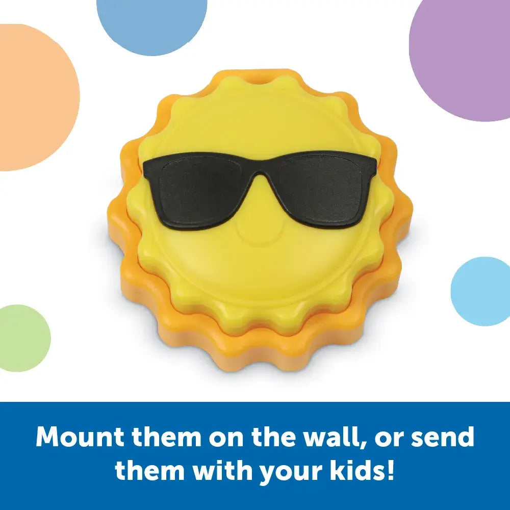 A plastic sun wearing sunglasses sits above text that reads: Mount them on the wall, or send them with your kids!