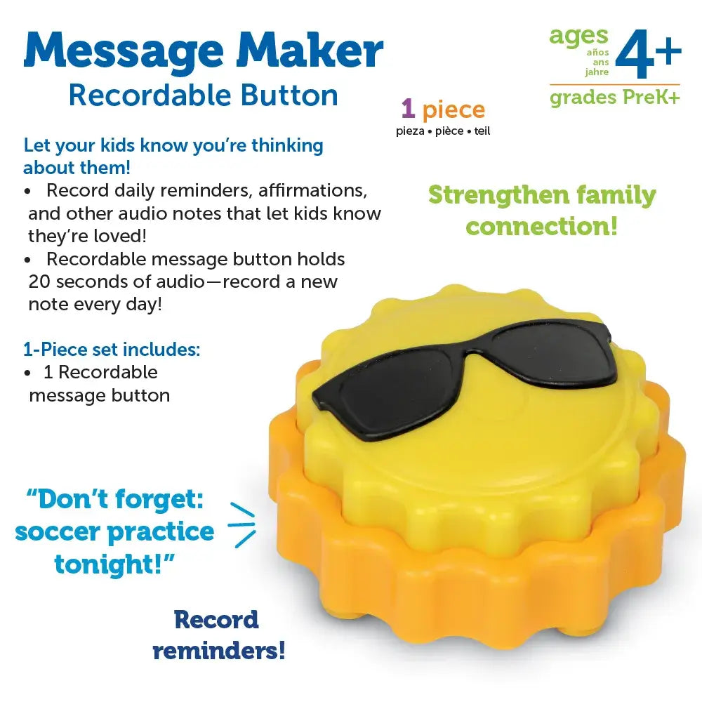 An infographic with information about the Sun Recordable Message Maker Button.