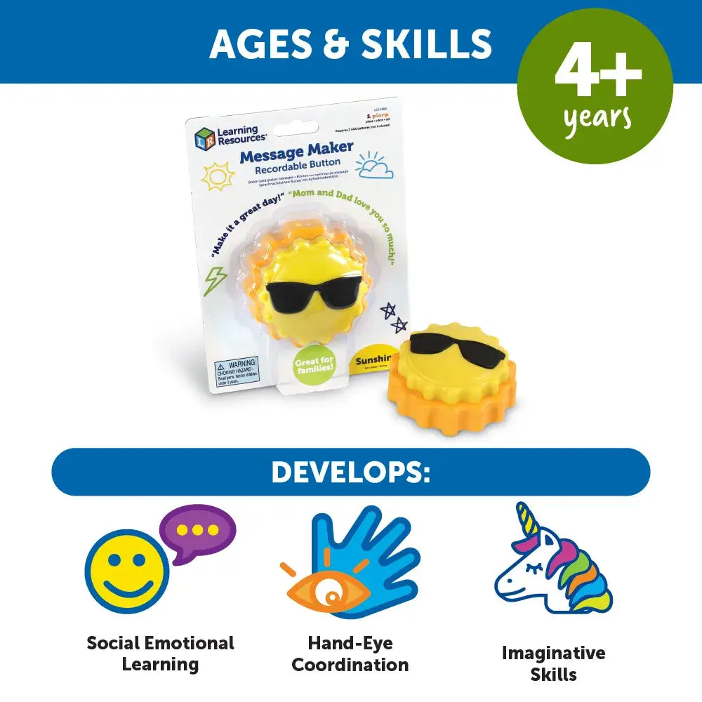 An infographic with the skills the Sun Recordable Message Maker Button helps to develop.