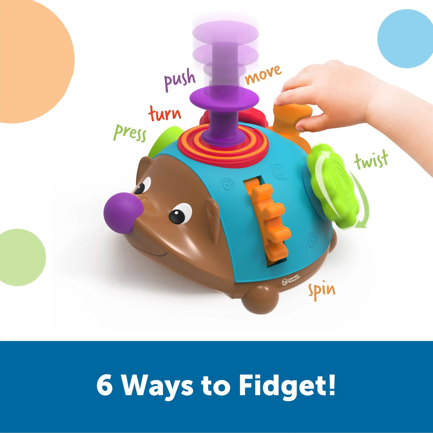 A small child's hand moves one of the fidgets on the Spike the Fine Motor Hedgehog Fidget Friend.