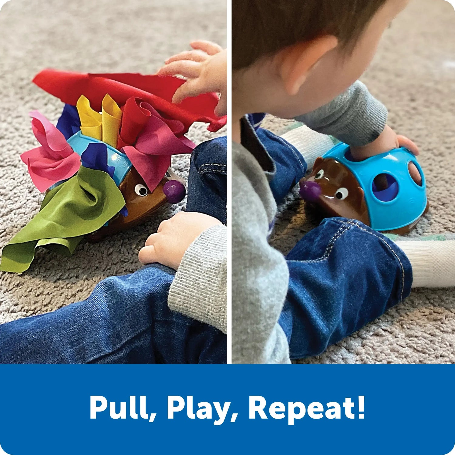 A graphic with Spike the Fine Motor Hedgehog Tissue Pal stuffed with tissues next to Spike without tissues.
