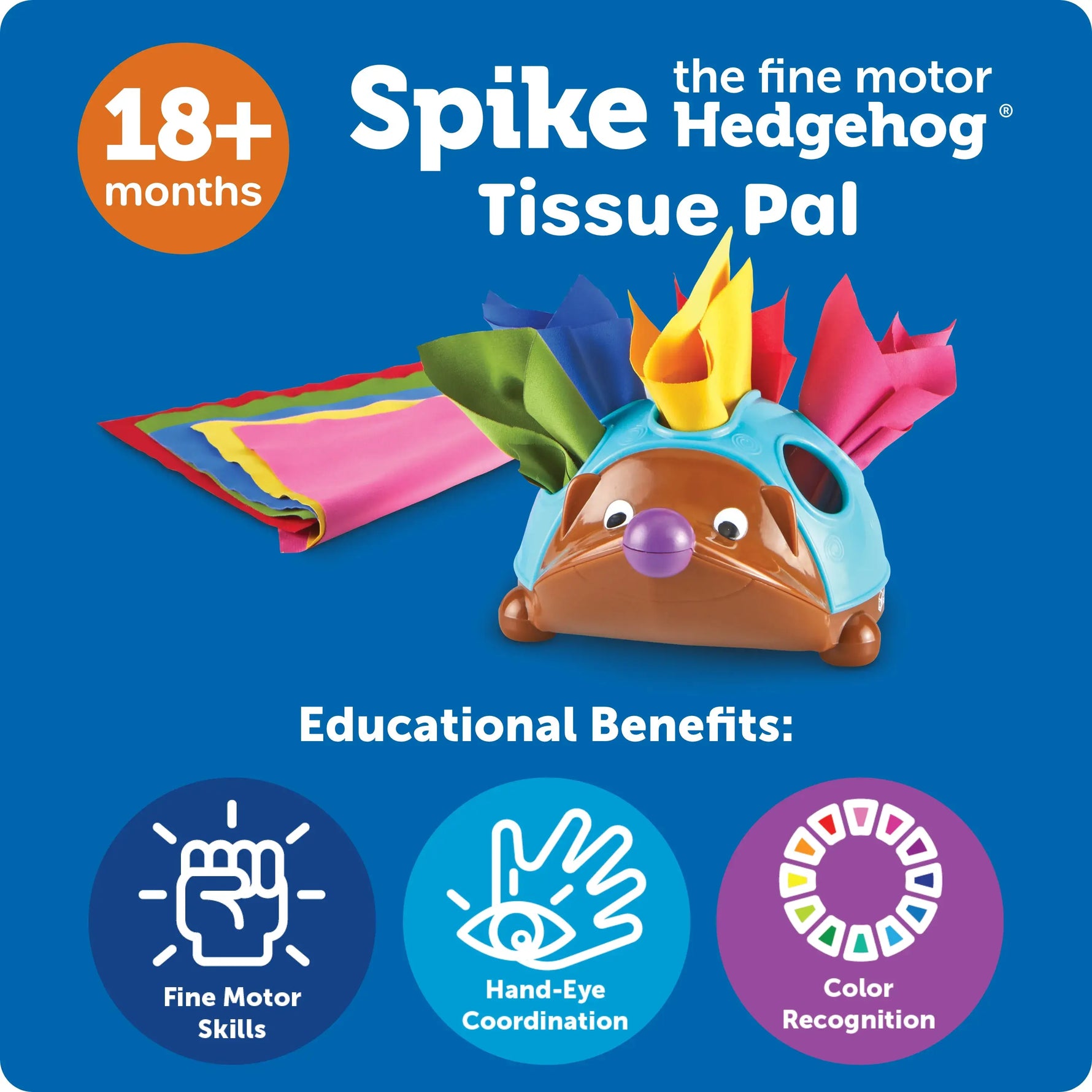 An infographic with the benefits from Spike the Fine Motor Hedgehog Tissue Pal.