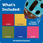 An infographic showing what is included with Spike the Fine Motor Hegehog Tissue Pal.