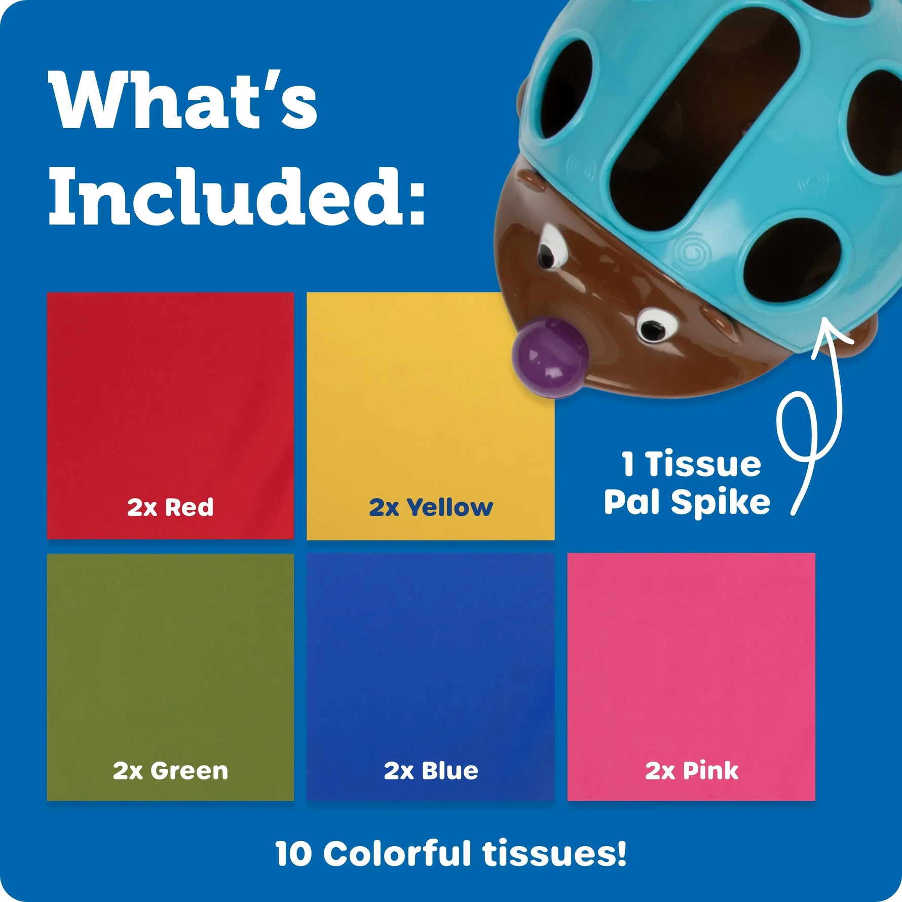 An infographic showing what is included with Spike the Fine Motor Hegehog Tissue Pal.
