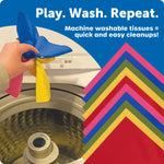 An infographic showing that Spike the Fine Motor Hedgehog Tissue Pal has tissues that are machine washable.