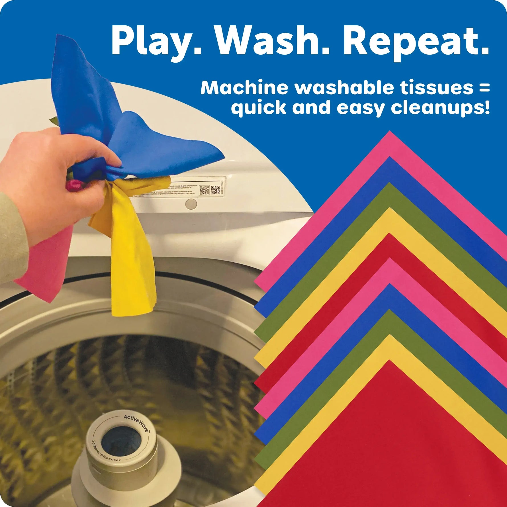 An infographic showing that Spike the Fine Motor Hedgehog Tissue Pal has tissues that are machine washable.
