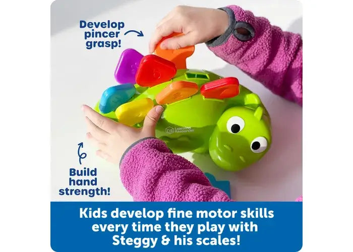 An infographic shows two of the fine motor skills Steggy the Fine Motor Dino helps to develop.