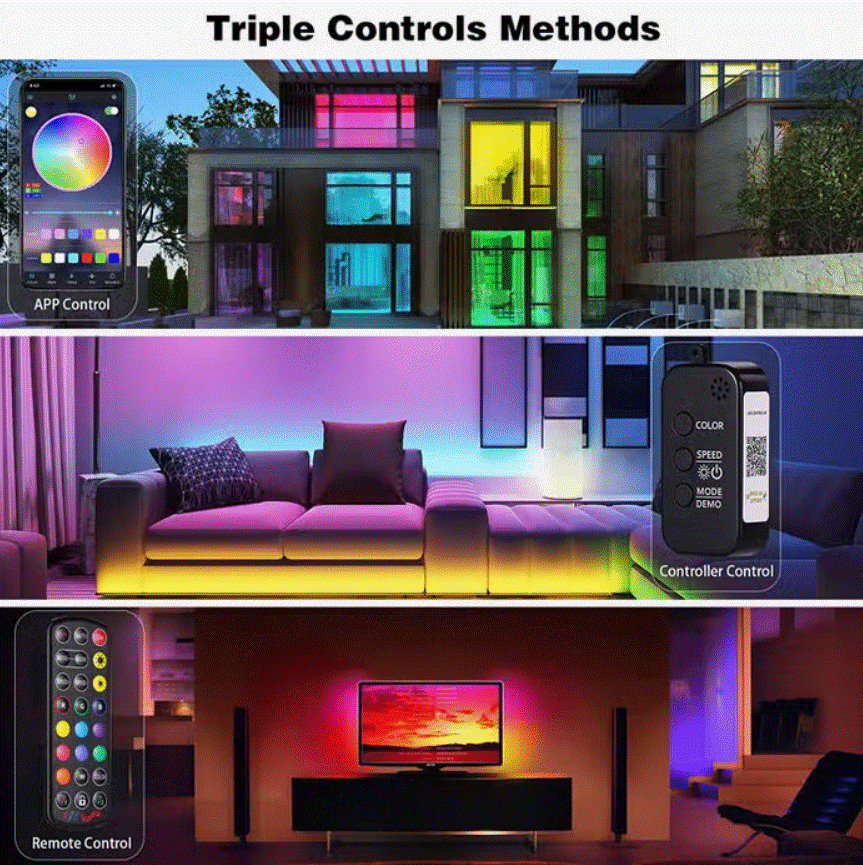 An infographic depicting the control methods of the Smart Sound Activated Multi-Color LED Light Strip.