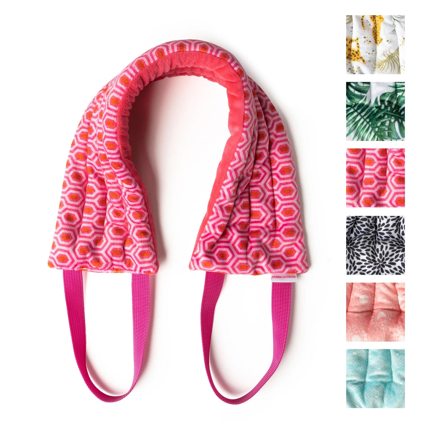 The Hot Pink Lemon Lavender Hot Stuff Heated Neck Wrap next to close-ups of the other variant patterns.