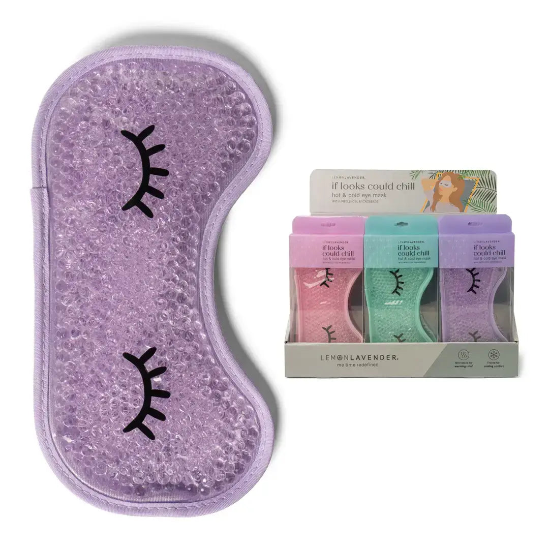 The purple If Looks Could Chill Hot & Cold Gel Eye Mask next to a full display with the three variant colors.