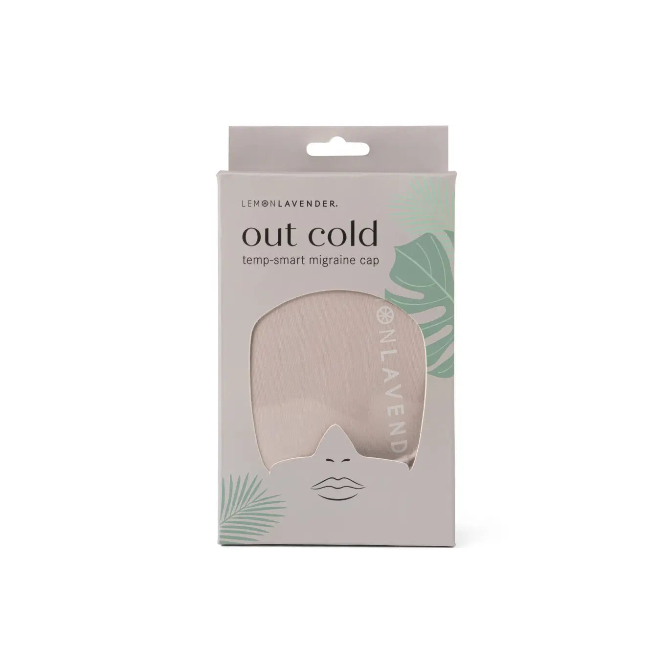 The mauve Out Cold Temp-Smart Migraine Cap in the product box.