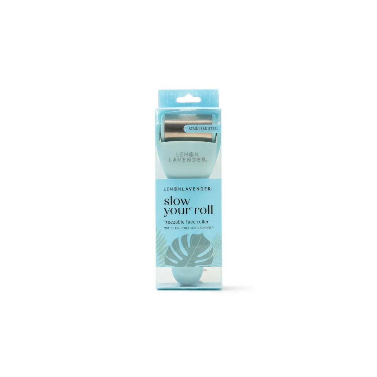 The mint green Lemon Lavender Slow Your Roll Freezable Face Roller Massager in its product package.