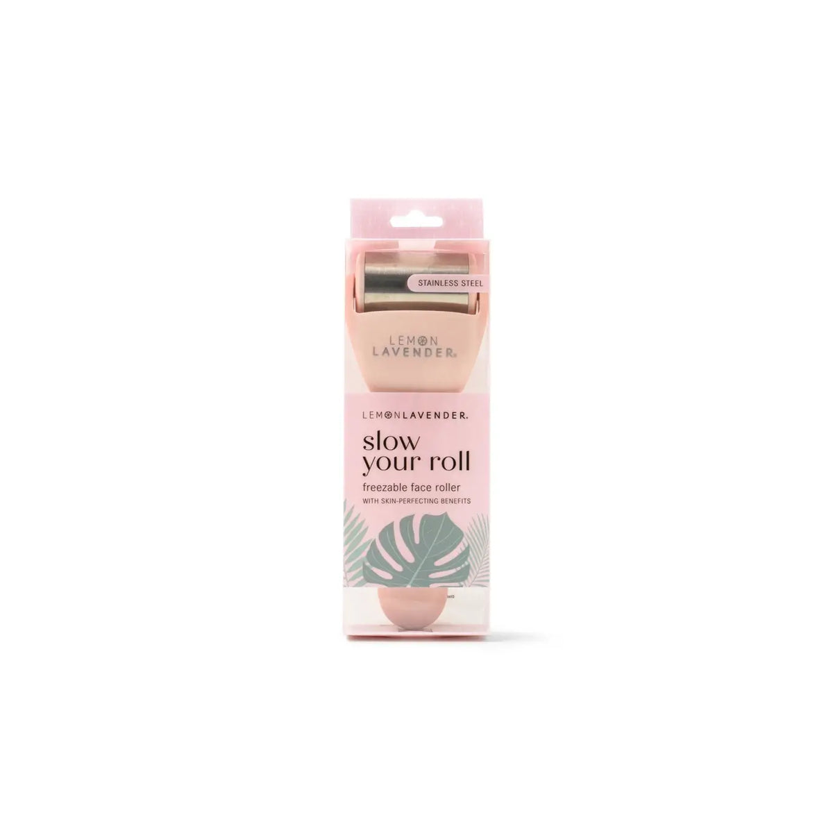 The pink Lemon Lavender Slow Your Roll Freezable Face Roller Massager in its product package.