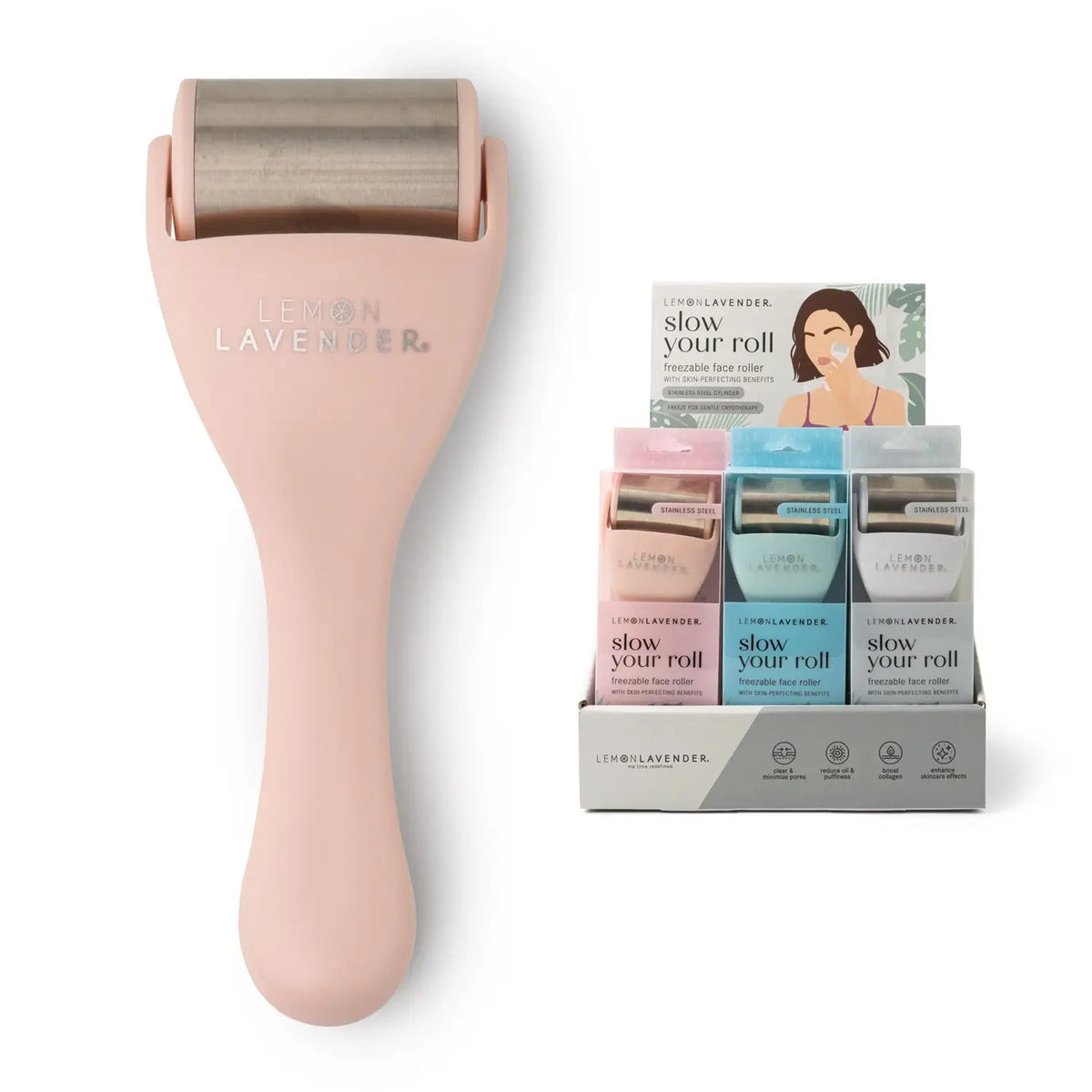 The Lemon Lavender Slow Your Roll Freezable Face Roller Massager.