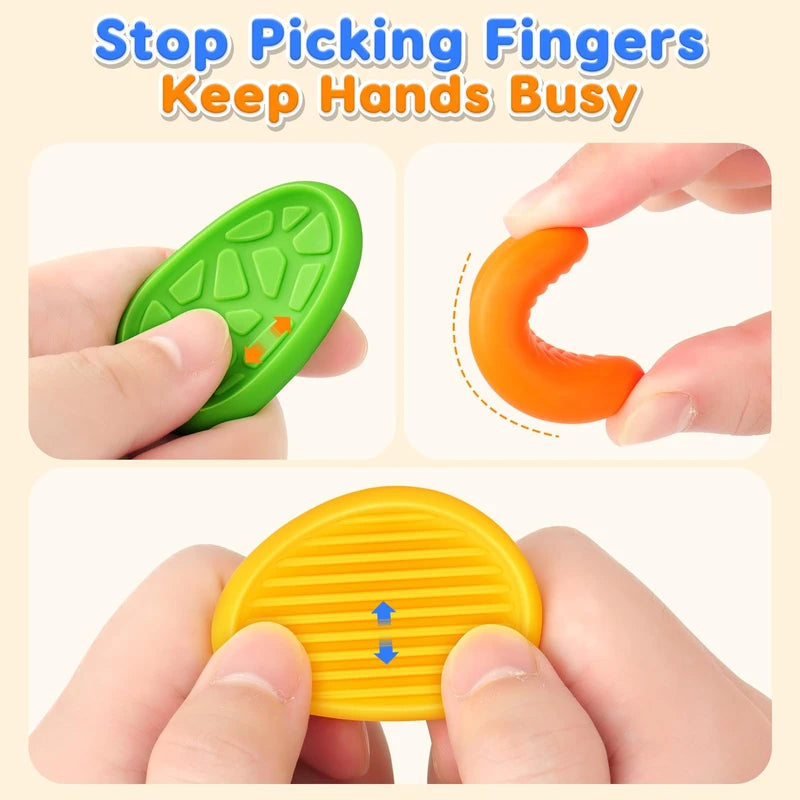 An infographic depicting different ways to fidget with the Silicone Fidget Worry Stones.