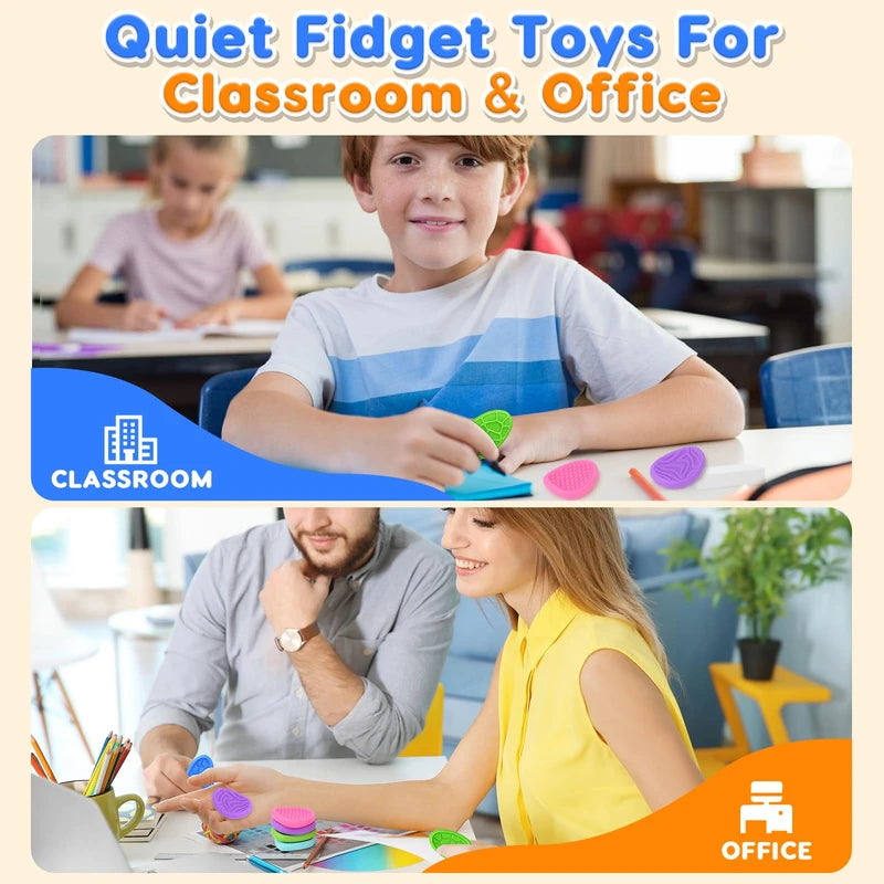An infographic advertising the Worry Stones as a quiet fidget toy for the classroom or office.