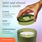 An infographic showing the benefits of the Flameless Candle Diffuser over a regular candle.