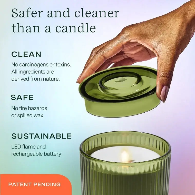 An infographic showing the benefits of the Flameless Candle Diffuser over a regular candle.