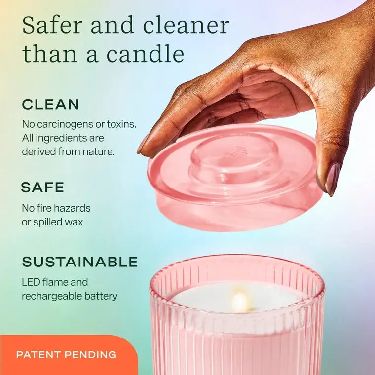 An infographic demonstrating the clean, safe, and sustainable make up of the Flameless Candle Diffuser.